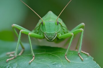 Close-Up of a Green Grasshopper on Leaf in Natural Habitat