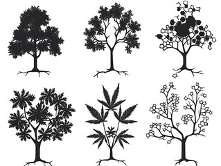 Six tree silhouettes, white background, nature illustration