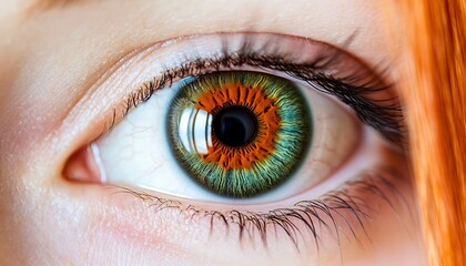 Fototapeta premium Close-up eye detail, orange and green iris, hair