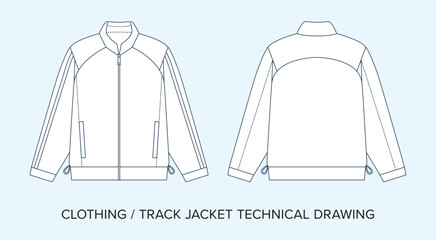 Blank Track Jacket Technical Drawing, Apparel Blueprint for Fashion Designers. Detailed Editable Vector Illustration, Black and White Sport Clothing Schematics, Isolated Background. 