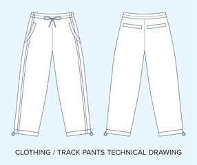 Blank Track Pants Technical Drawing - Editable vector blueprint for fashion designers. Black-and-white sports clothing schematics on an isolated background.