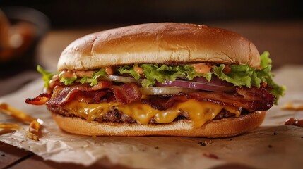 Tasty Bacon Burger with Grilled Onions and Lettuce