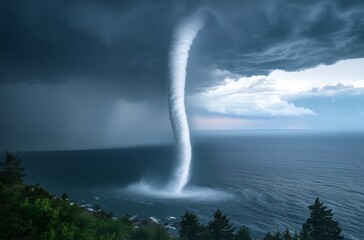Tornado Over Ocean: A dramatic visual of a powerful tornado swirling above the vast ocean, demonstrating raw force of nature under a turbulent sky.