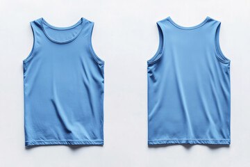 A blue sleeveless t-shirt tank top is displayed from the front and back and a flat lay concept is used as a mockup design template
