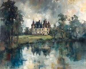 Chateau reflected in calm lake.