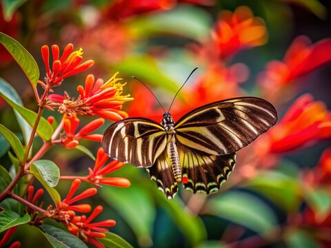 Zebra Longwing Butterfly on Firebush Flowers, Central Florida - Long Exposure Photography