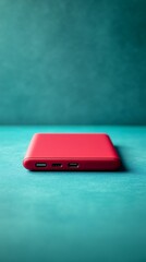 Red portable charger on teal surface.
