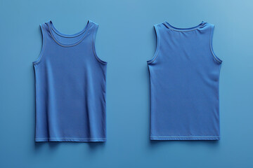 A blue sleeveless t-shirt tank top is displayed from the front and back and a flat lay concept is used as a mockup design template