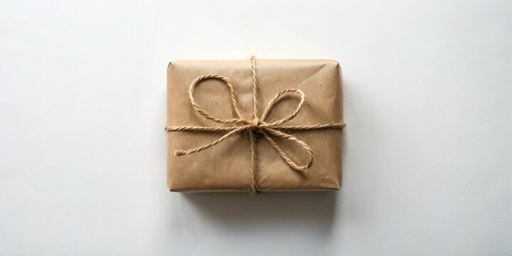 A simply wrapped gift, tied with twine, sits on a white surface, a small token of appreciation or celebration.