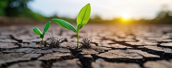 Climate Change drought idea. Green sprout emerging from cracked soil under warm sunlight, symbolizing hope and renewal.