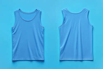 A blue sleeveless t-shirt tank top is displayed from the front and back and a flat lay concept is used as a mockup design template