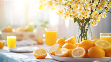 Obraz premium Sunlit breakfast table with fresh lemons and blossoms brightening the morning
