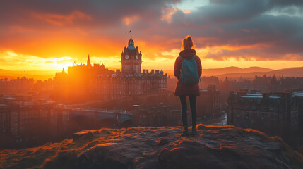 Stunning sunset over Edinburgh skyline featuring a person admiring the view from a high vantage point on a hill