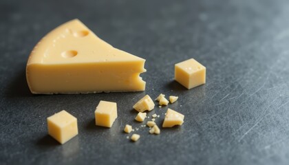 Delicious piece of yellow cheese on dark surface with small cheese cubes scattered around for culinary use
