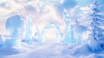 Enchanting ice sculpture wonderland with frosted archways and snowy landscape