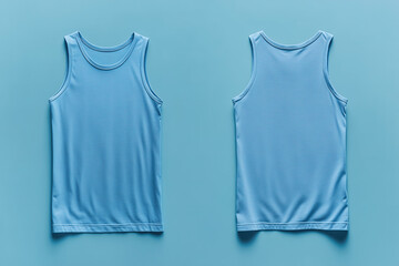 A blue sleeveless t-shirt tank top is displayed from the front and back and a flat lay concept is used as a mockup design template
