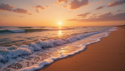 Obraz premium Serene Sunset Over Tranquil Ocean Waves on Sandy Beach with Gentle Foamy Surf and Colorful Sky