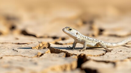 Climate Change drought idea. A lizard navigating through a dry, cracked earth landscape under bright sunlight.