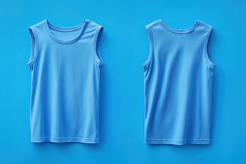 A blue sleeveless t-shirt tank top is displayed from the front and back and a flat lay concept is used as a mockup design template