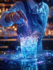 Magical cocktail creation with sparkling lights and cosmic dust effects