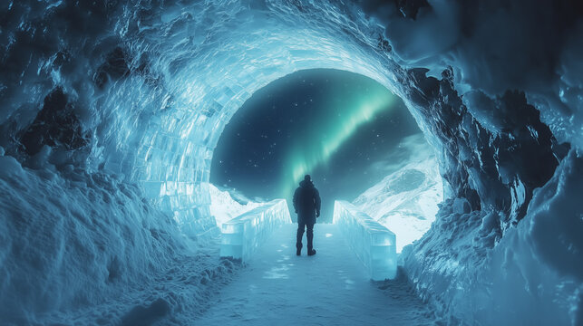 Exploring an icy tunnel illuminated by the northern lights with a silhouette of a visitor at the entrance against a backdrop of snow and ice - Powered by Adobe