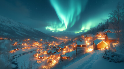 Fototapeta premium Colorful northern lights illuminate a tranquil winter village at night with cozy homes and snowy landscape