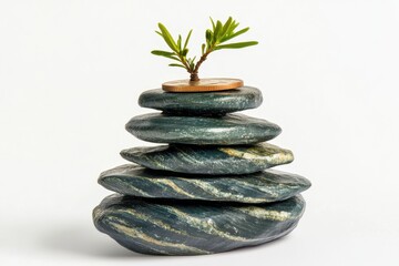Balancing Stones with Green Plant Symbolizing Growth and Stability