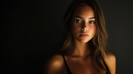 Young caucasian female with long hair in black top against dark background