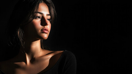 Fototapeta premium Female portrait in dramatic lighting with dark background