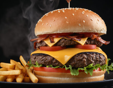 Very tasty double cheeseburger with bacon, tomatoes, cheese and french fries premium fast food restaurant picture