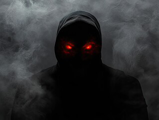 Hooded figure with menacing red eyes amidst smoky atmosphere evoking dread