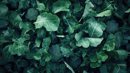 Lush green broccoli leaves and crowns in natural garden setting