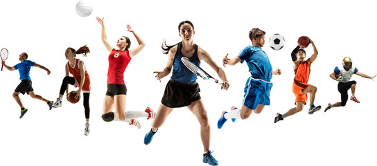 Competitive and concentrated people, athletes of different kind of sports in motion, training isolated on transparent background. Collage. Concept of sport, achievements, competition, championship.