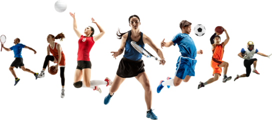 Competitive and concentrated people, athletes of different kind of sports in motion, training isolated on transparent background. Collage. Concept of sport, achievements, competition, championship.