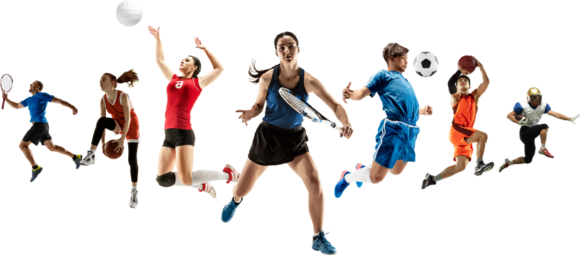 Competitive and concentrated people, athletes of different kind of sports in motion, training isolated on transparent background. Collage. Concept of sport, achievements, competition, championship.