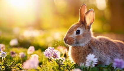 A cute Easter bunny nestled among spring flowers, with a soft, sunlit background creating a warm, cheerful atmosphere.
