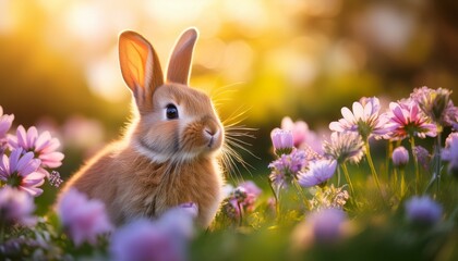 A cute Easter bunny nestled among spring flowers, with a soft, sunlit background creating a warm, cheerful atmosphere.
