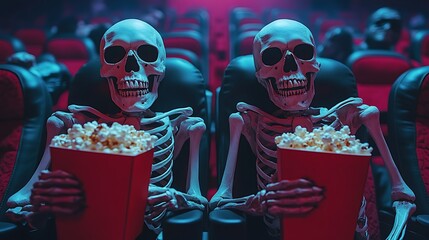 Skeletons eating popcorn in cinema