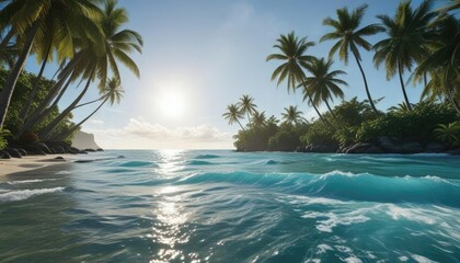 Fototapeta premium Icy ocean meeting palm-lined shores in Tahiti, icy, palms