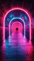Obraz premium Vibrant neon-lit tunnel creates a mesmerizing atmosphere in an underground space