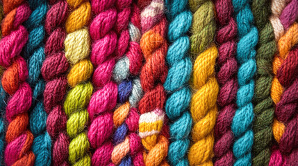Colorful knitted yarn texture in vibrant hues closeup