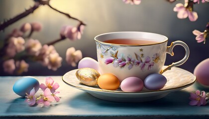 Fototapeta premium A delicate porcelain teacup with tea and Easter eggs, capturing a serene spring morning in an elegant setting. 