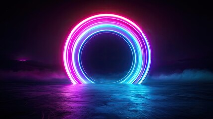 Obraz premium Aurora borealis northern lights concept. A vibrant neon circle glowing in the dark with reflections on the surface below.