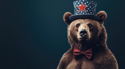 Brown bear wearing patriotic hat and bow tie on dark background. Independence Day, Fourth of July, July 4th - American Freedom Celebration, US National Holiday USA