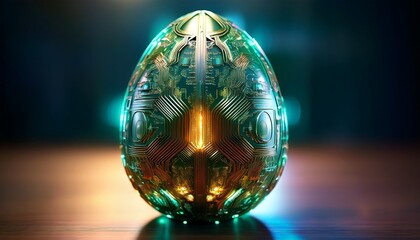 A Cyber Easter Egg made of glowing circuits and LED diodes, set in a cyberpunk theme. A modern and tech-inspired twist on the classic Easter egg, with neon lights and futuristic design.
