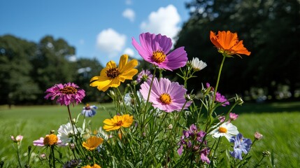 Vibrant wildflowers bloom in a sunny meadow.