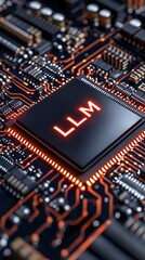 Large language model. LLM AI Processor on High-Tech Circuit Board, LLM Computing Chip for AI Processing, LLM Semiconductor for Machine Learning