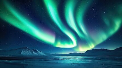 Aurora borealis northern lights idea. Breathtaking northern lights illuminate the night sky over serene snowy mountains.