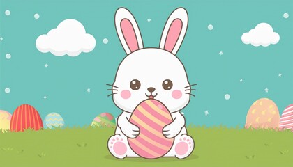 Fototapeta premium Cute Easter Bunny illustration in pastel colors, holding an Easter egg. A charming and soft design perfect for spring and holiday celebrations, with a playful and cheerful vibe. 