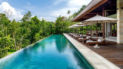 A luxurious villa with a stunning infinity pool, surrounded by lush greenery and blue skies, perfect for relaxation and leisure.